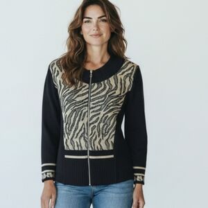 Skovhuus Zip Cardigan Fine Gauge Sweater Knit Black/ Cream Pattern Sz S